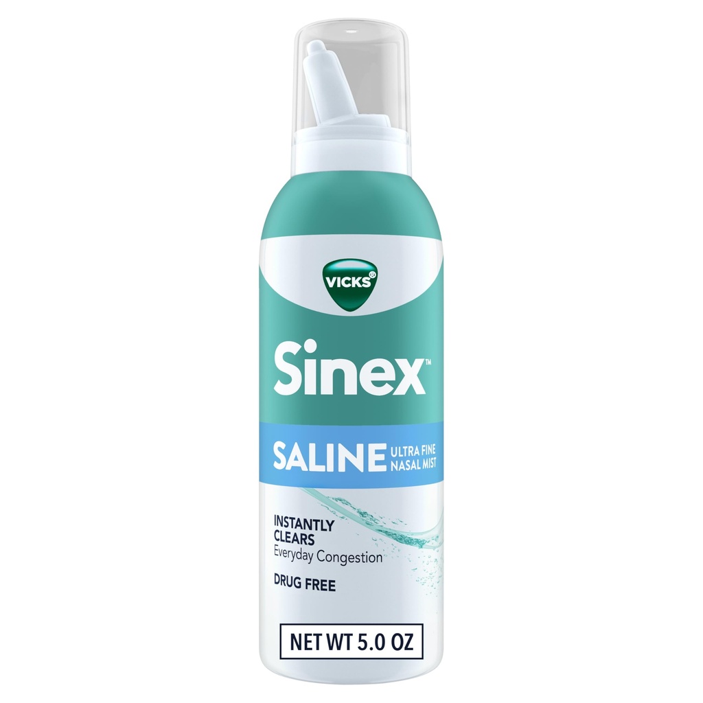 Vicks Sinex Saline Nasal Spray, Drug Free Ultra Fine Mist, Clear Everyday Sinus Congestion Fast, Clear Mucus från en kall eller allergi, daglig användning 5.0 fl oz
