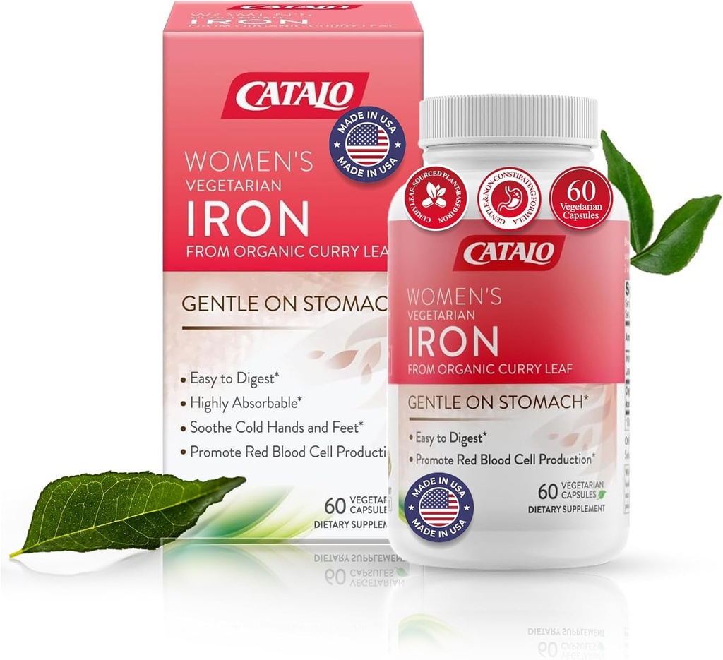 CATALO Iron Supplement for Women with Organic Curry Leaf - Gentle, High Absorptio, Kasvissyöjä-ystävällinen, Vatsa-Easy Formula - 60 tablettia