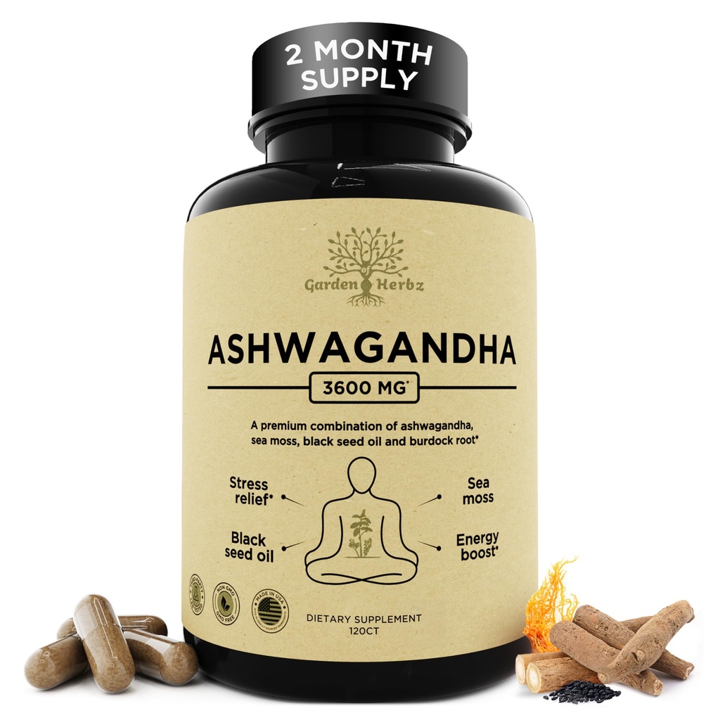 Organic Ashwagandha Root & Irish Sea Moss 3,600 mg Ashwagandha täydentää musta siemenöljyä, & Burdock juuria . Kasviperäisten täydentää energiaa, rauhallinen, mieliala, & hyvinvointi, 120 Caps