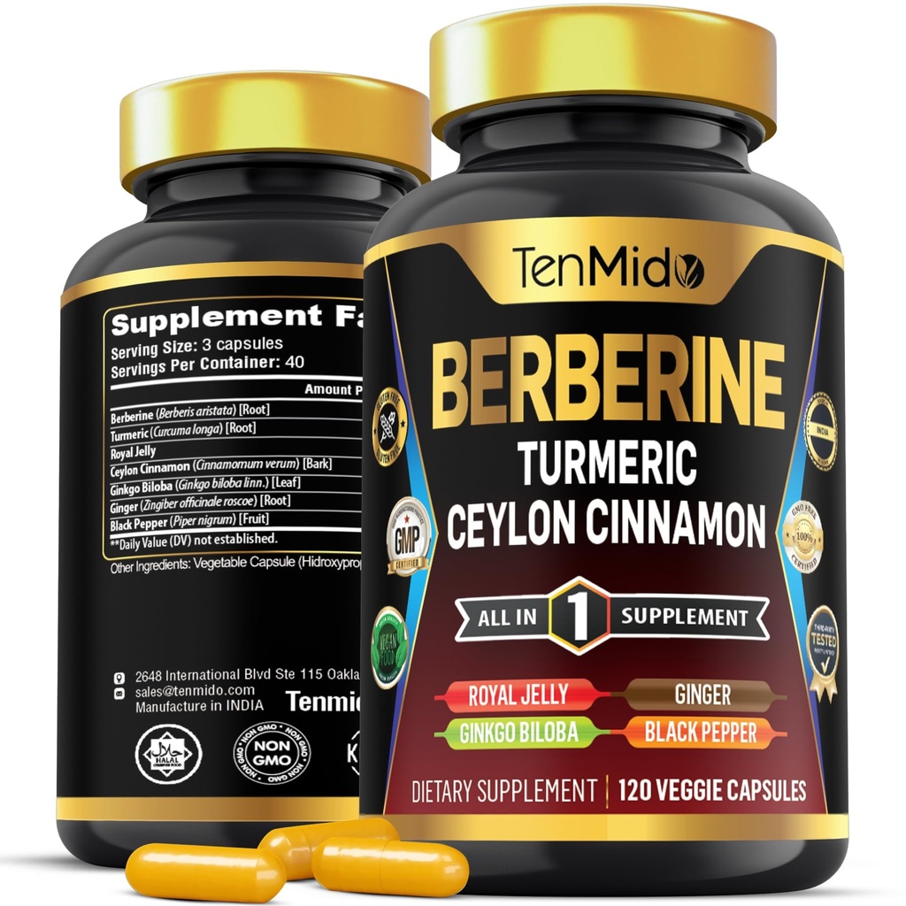 Berberiini täydentää - 7in1 Formula - Yhdistää Turmeric, Royal Jelly, Ceylon Kaneli, Ginkgo Biloba, Inkivääri & Black Pepper - Ruoansulatuskanavan terveys, Immuunituki - 120 kapselia