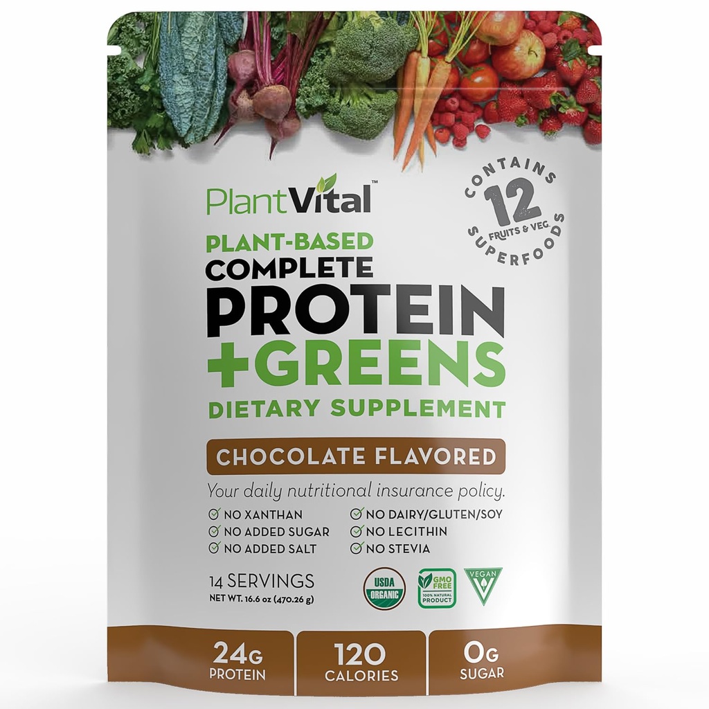 Kasvivital Vegaani Proteiini Powder Plant Based, Organic Protein Powder Chocolate 24g/0g Suklaa, 12 Superfoods, Kasvikset, Probiootit, Raw Cocoa, Kale, Beets, Spirulina, Herne, Gluteeniton, Keto-Friendly,16oz
