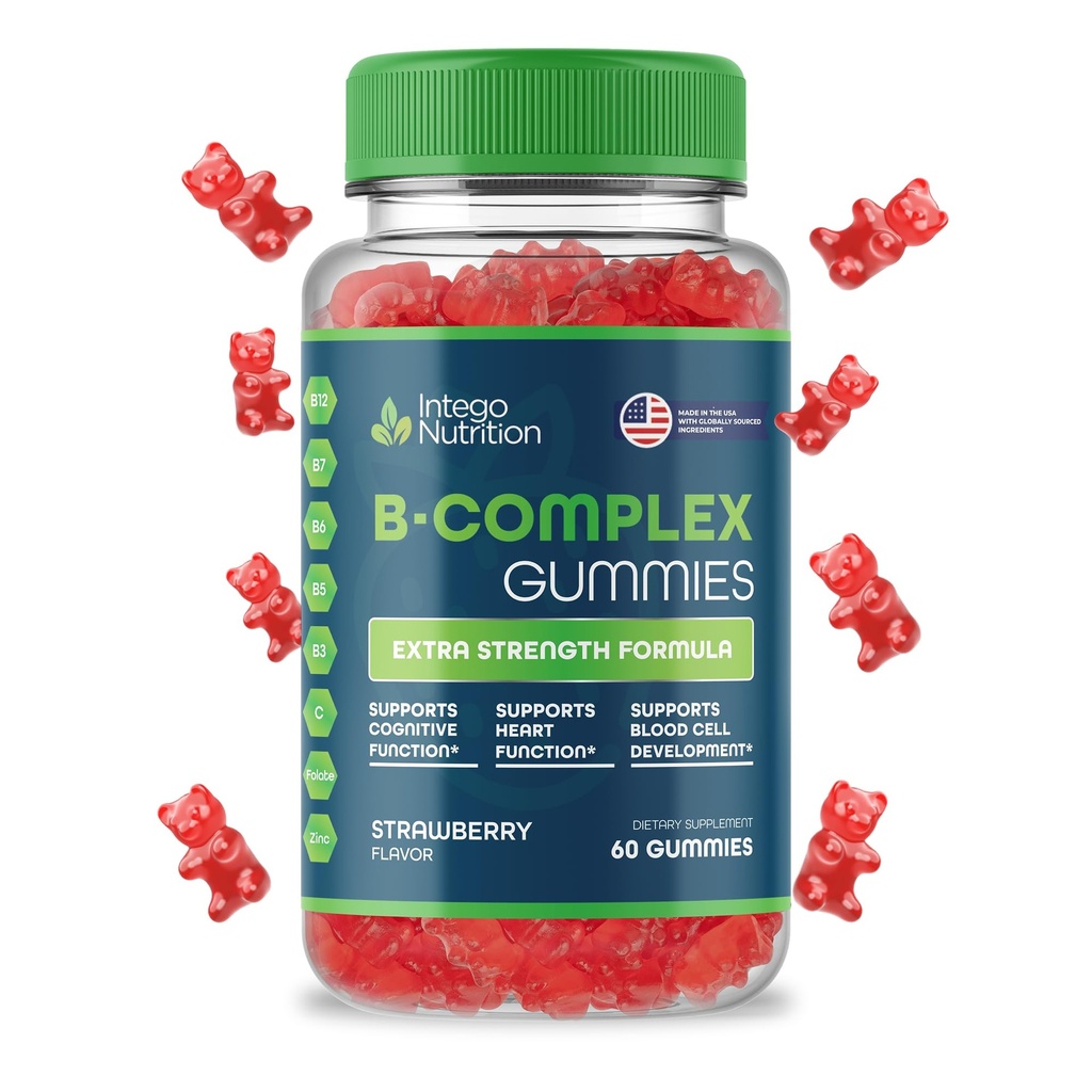 B-vitamiini Complex Gummies aikuisille, B-kompleksi vitamiini täydentää naisille ja miehille, B-vitamiinit Complex Gummies energia ja aivojen terveys, luonnollinen mansikka maku, 60 kreivi