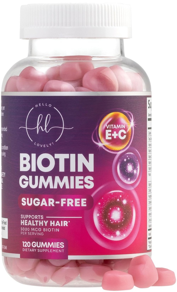 Hiusvitamiinit Gummy Biotin 5000 mikrog - hiusten kasvua tukea vitamiineja E & C ticker, vahvempi & kaunis hiukset - hiukset iho ja kynnet vitamiini naisille, ei-GMO, Gluteeniton - 120 Gummies