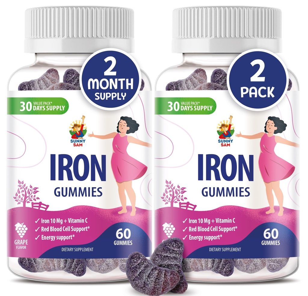 SUNNY SAM Iron Gummies lapsille ja aikuisille - Rauta vitamiinit C-vitamiinia, 10 mg per tarjoilu - Puruhedelmä Gummy immuuni tukea Red Blood Cell tuotanto