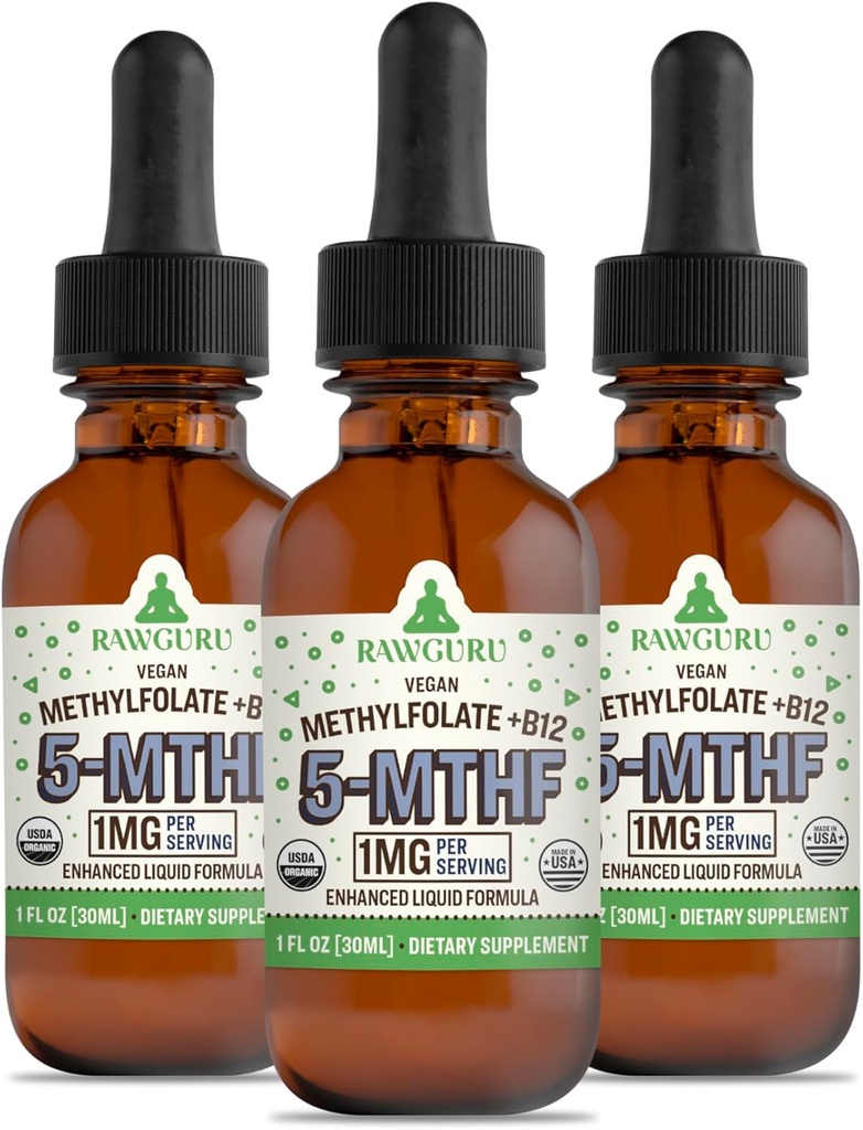 RawGuru Methylfolate 1 mg+ B12-vitamiini - Orgaaninen vegaaninen Methylated B12 Trace Minerals - Nano-Processed & Enhaneed Liquid Formula - 300 tarjoilua Vegan Drops per 30 ml, pakkaus 3