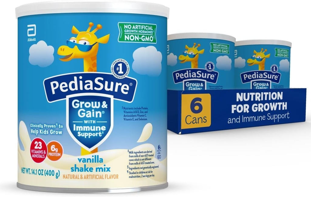 PediaSure Grow & Gain med Immune Support Shake Mix Powder, 23 Vitaminer & Minerals, 6g Protein, Non-GMO, Gluten-Free, Kids Nutrition, Vanilla, 14.1 oz Can, Pack med 6-48 portioner