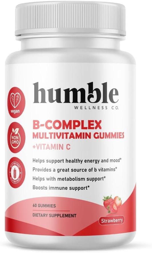 B-komplex Monivitamiini Gummies + C-vitamiini: B12, B7, B6, B3, B5, B9. Tuki energia ja mieliala, aineenvaihdunta, immuunituki, gluteeniton, ei GMO, Vegaani, 30 tarjoilua