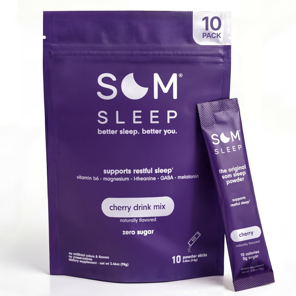 Som Sleep, Rento unijauhe Mix w/melatonin, magnesium, B6-vitamiini, L-Theanine & GABA Vegaani, nollasokeri, Keto Friendly Cherry, 10-pakkaus