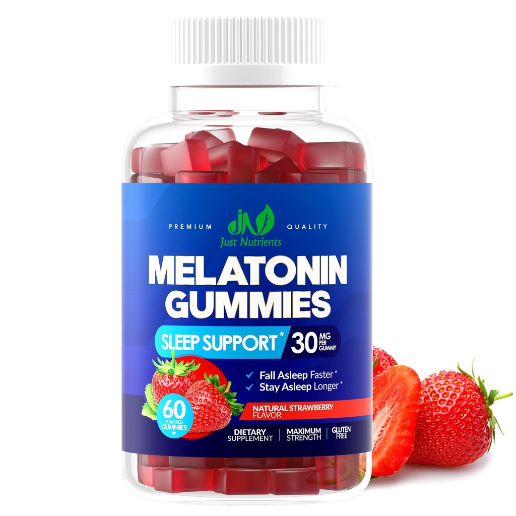 Melatoniini 30 mg Gummies for Aikuinen (60 tarjoilua) - Maksimi Strength Sleep Support 30 mg Melatoniini Per Gummy - Gluteeniton, sokeriton, ei-GMO, 100% kasvissyöjä, mansikka maku - 60 Gummy