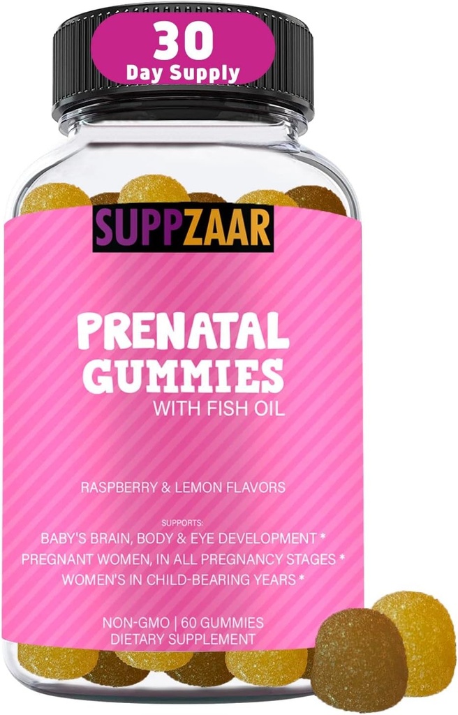 Prenatal Vitamin Gummies med DHA, folsyra, fiskolja, jod, biotin och vitamin A C D E B6 B12 - Utsökta prenatala vitaminer för att stödja kvinnors hälsa och välbefinnande - 60 Gummies