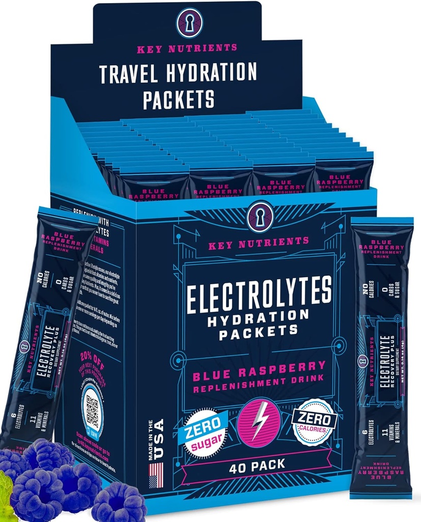 Avainaineet Elektrolyyttejä Powder Packets - Herkullinen Sininen Vadelma 40 Pack Hydraation Packets - Travel Hydration Powder - Ei sokeria, Ei kaloreita, Gluteeniton - Made in USA