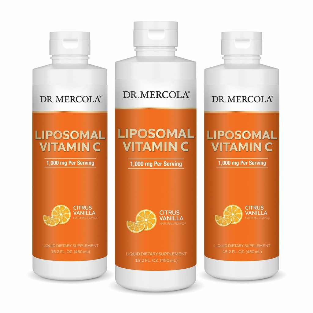 Tri. Mercola Liquid Liposomal Vitamiini C - Antioksidantti & Immuuni Support Supplement - Sisältää E-vitamiini - GMO-vapaa, Gluteeniton & soijaton - Citrus Vanilla Flavor - 450 ml (30 tarjoilua) - 3 pakkaus