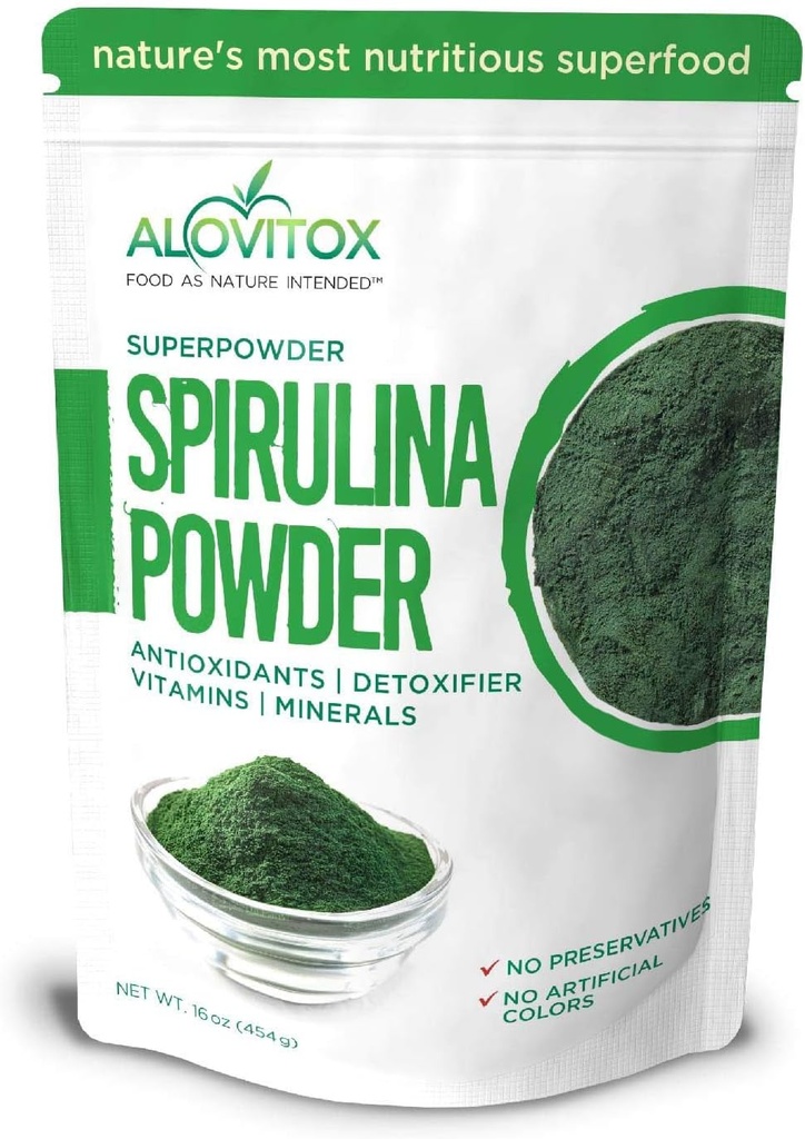 Alovitox Organic Spirulina Powder | Nutrient Dense Superfood med antioxidanter, proteiner, vitamin A och B, Fiber, Omegas 3, 6 & 9-100% Organisk, Inga tillsatser / Färger, Gluten Free, Vegan, Non-GMO (1 lb)