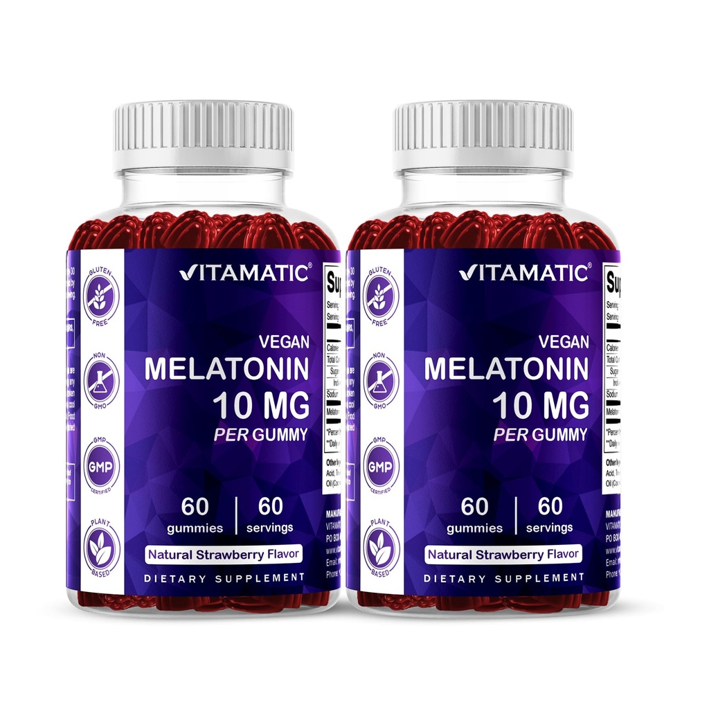 Vitamatic Melatoniini 10 mg Kasvissyöjä Gummies ...ei-luontotyyppi...60 Gummie per pullo... 2-pakkaus (yhteensä 120 vegaaniakut)
