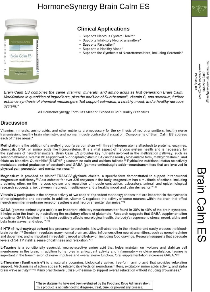 Hormone Synergy RetzlerRx® Brain Calm ES - Perimmäinen Rauhallisuuden ja rentoutumisen tuki - L-Theanine (Suntheanine®) - TRAACS® Albion® Celated Minerals - GABA - 5-HTP - L-Tauriini - 120 V-Caps