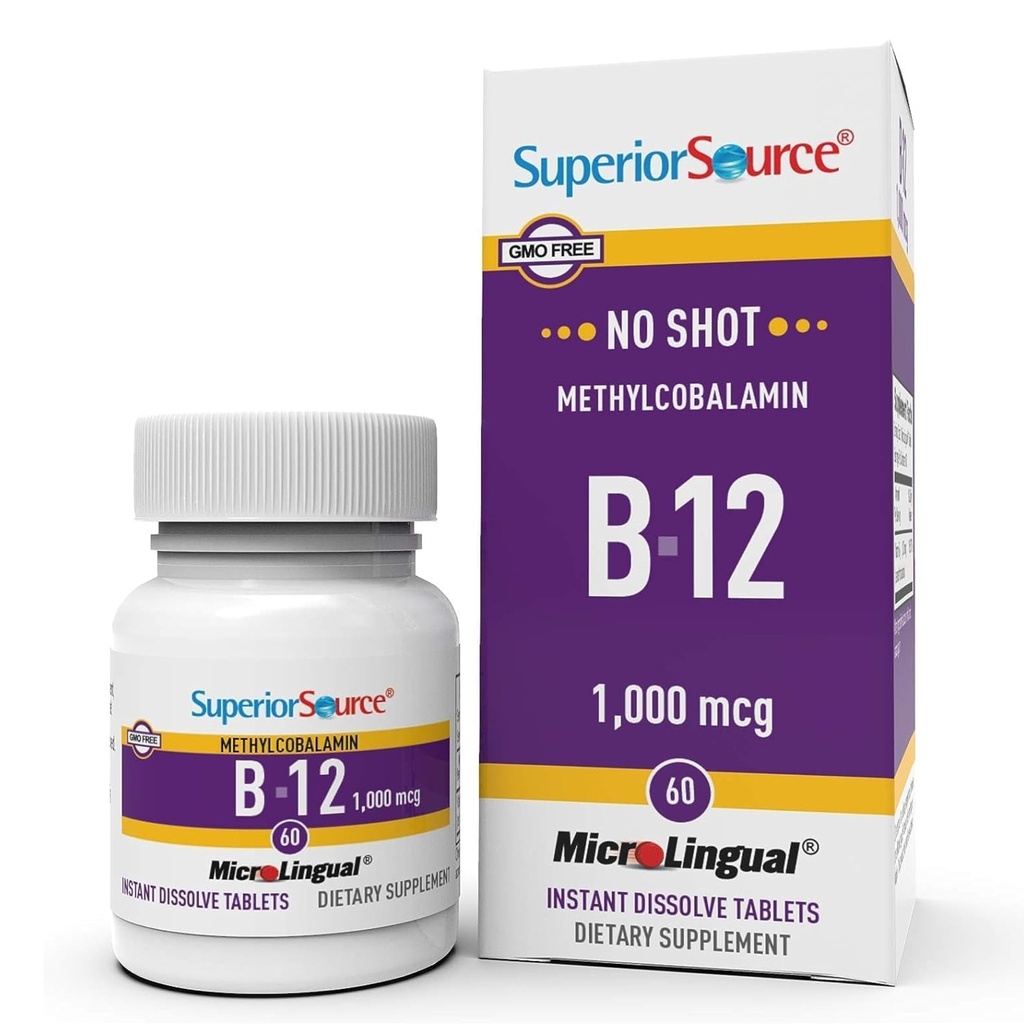 Superior Lähde Ei Shot Methylcobalamiini B-12 1000 mikrog - B-12-vitamiini tukea energian tuotantoa, aivojen terveyttä ja yleistä hyvinvointia - Sublingual Tabletit nopeaan imeytymiseen - 60 liukenevat tabletit