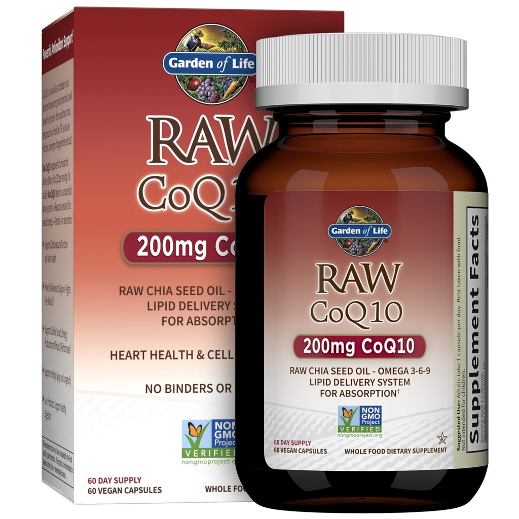 Elämän puutarha CoQ10 200mg, kasvissyöjä Omega 3 6 9 Supplement Raw Co Q 10 Chia Seed Oil, Koko ruoan ravitsemus antioksidantti tuki, Coenzyme q10 täydentää sydänterveys, 60 kapselia