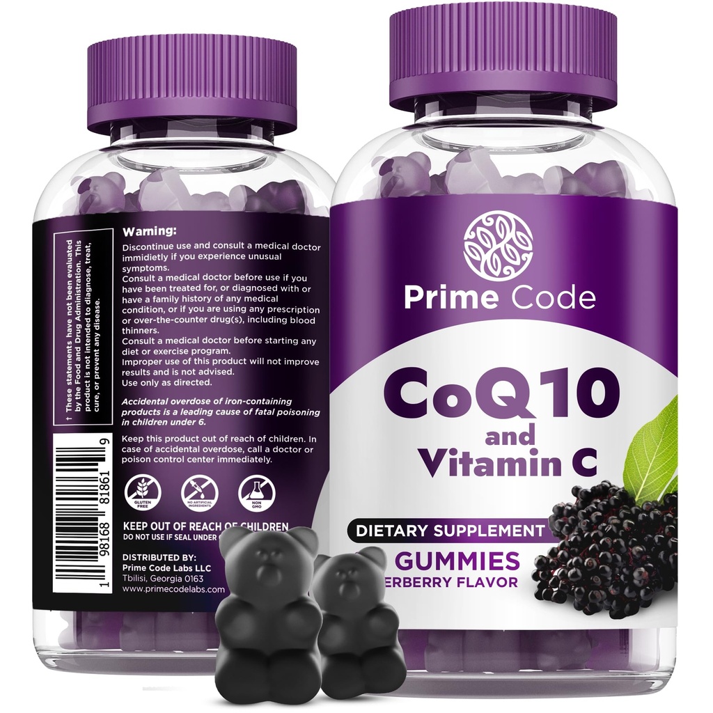 Prime Code CoQ10 Gummies 200mg med vitamin C - Coenzyme Q10 Antioxidant Supplement för cellulär energistöd - lätt att ta Vegan Gummies för vuxna - 60 greve