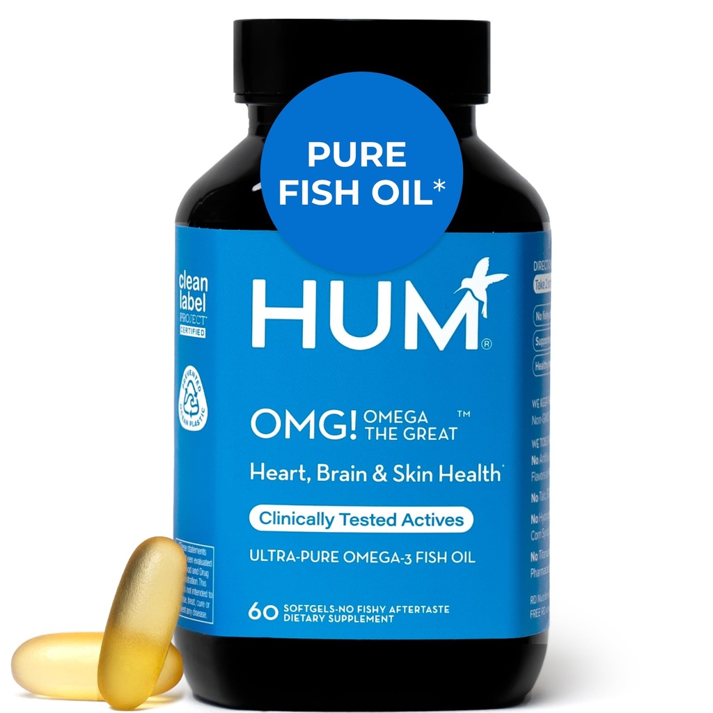 HUM OMG! Omega The Great Triple Omega 3 Fish Oil Supplement för kvinnor och män med vitamin E, DHA & EPA, Skin Care & Skin Tone Support för hjärt- och hjärnhälsa, Gluten Free, Non GMO, 60 Softgels