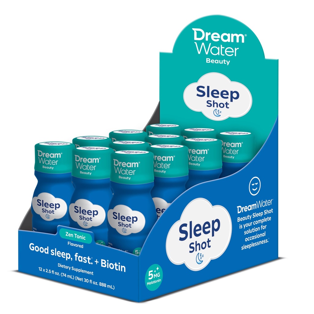 Dream Water Beauty Sleep Aid Drink Supplement; Melatoniini 5 mg, GABA, 5-HTP, Plus Biotiini terveelle iholle, hiukset ja kynnet; 2,5 oz Liquid Uni Shots, Zen Tonic 12- count