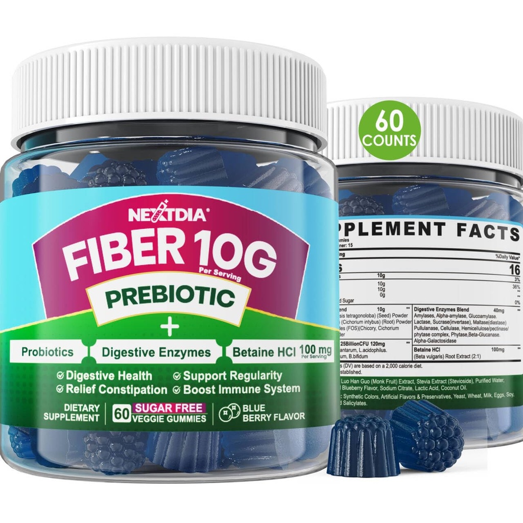 Fiber Gummies for Adults, Sugar Free 10g Prebiotic Fiber Supplement med Digestive Enzymes, Probiotics & 100mg Betaine för Digestive & Gut Health och Regulate Bowel Movement, Vegan, Gelatin Free, 60ct