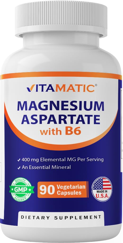 Vitamatic Magnesium Aspartate 400mg per servering - 90 vegetariska kapslar - Tillsatt B6 för maximal absorption - Stöder muskel, gemensam och hjärthälsa *