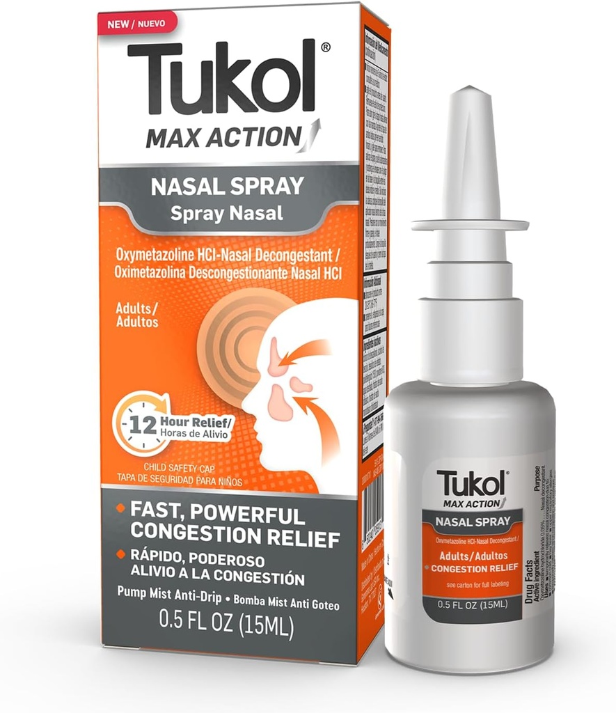 TUKOL Max Action Nasal Spray, Oxymetazoline Nasal Decongestant Spray för vuxna, Snabbt Stuffy Nose & Sinus Congestion Relief, 12-timmars Nose Spray Decongestant, 0,5 fl oz
