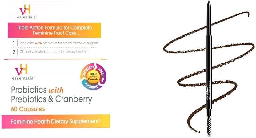 vH väsentliga Probiotika med prebiotika och Cranberry Feminine Health Supplement 60 kapslar och våt n wild Ultimate Brow Micro Eyebrow Retractable Pencil Dark Brown Ultra Fine 1.5mm Tips