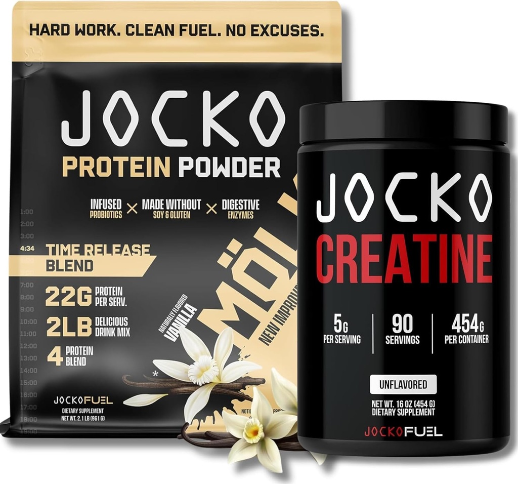 Jocko Bundle - Vanilla Mölk Protein Powder + Kreatinmonohydratpulver för män och kvinnor - Bundle för Atheltic Performance, Recovery och Muscle Growth