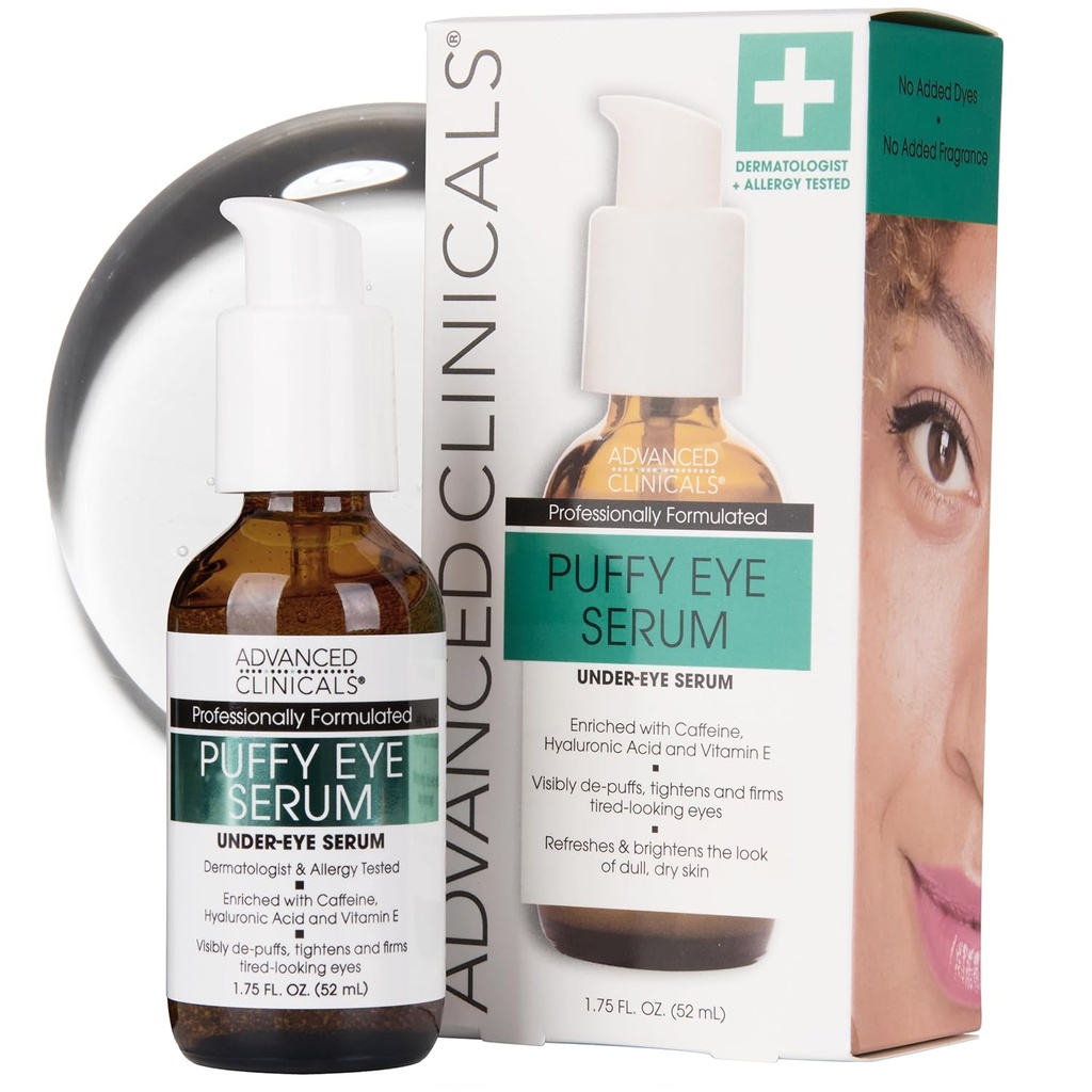 Advanced Clinicals Puffy Eye Under Eye Serum | Visible Anti Aging Brightening Vitamin C + Caffeine Serum hjälper till att förbättra utseendet på Puffiness, Fine Lines, Dark Circles och Uneven Skin Tone, 1,75 Fl Oz