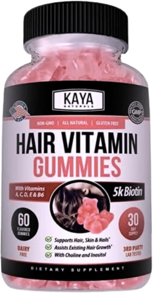 Kaya Naturals Hair Growth Gummies - Biotin 5000mcg Vitaminer för hälsosamt hår, hud och naglar - skönhetstillägg för kvinnor eller män - 60 greve - Blueberry smak