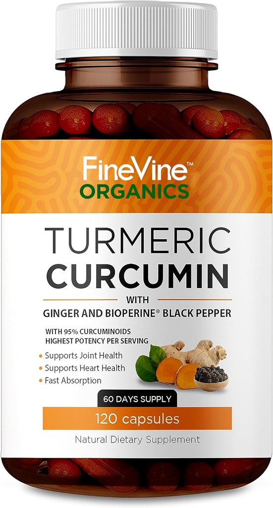 Gurkmeja Curcumin med BioPerine Black Pepper och Ginger - Tillverkad i USA - 120 vegetariska kapslar för Advanced Absorption, Joints Support