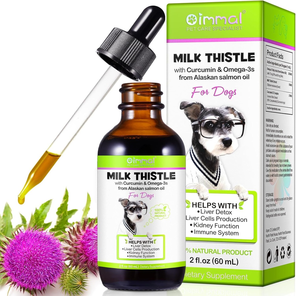 Milk Thistle för hundar - Liver Support Supplement för hundar, Immune & Hepatic Support, med Curcumin & Wild Alaskan Salmon Oil, Omega 3 EPA - Natural Herbal Liver Support för husdjur