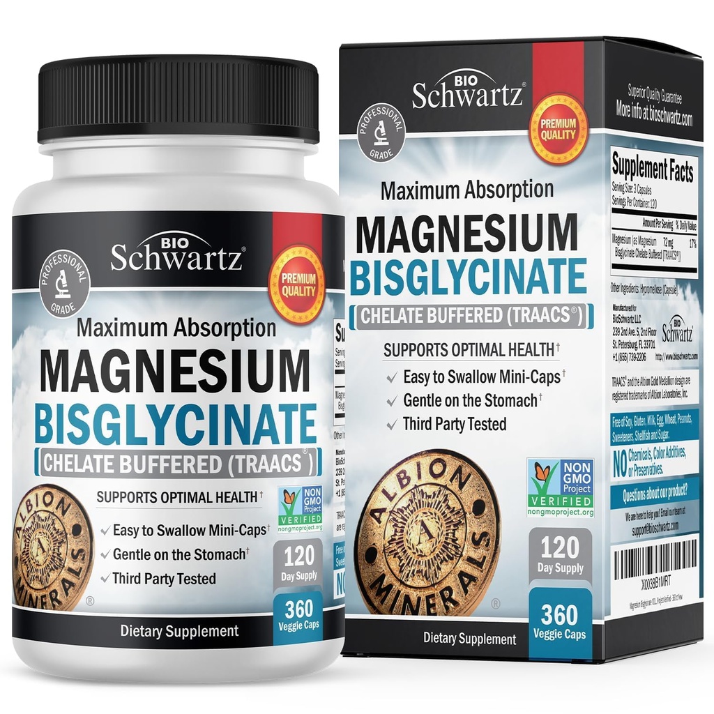 Magnesium Bisglysinaatti Kelatoitu täydennysosa - suuri imeytyminen Magnesium täydennysosa lihakseen, luuseen ja niveltukeen, ei- laktatiivinen, täysin puskuroitu, ei- GMO, suurin biologinen hyötyosuus - 360 kapselia
