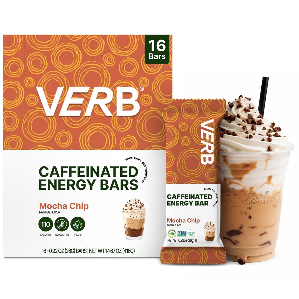 Verb Caffeinated Energy Bars Mocha Chip (26g, Pack of 16) 110-kalori utsökt låg socker Energy Bar - Vegan Gluten Free On-the Go Snack med 80mg grön te koffein, Endast verkliga foder ingredienser