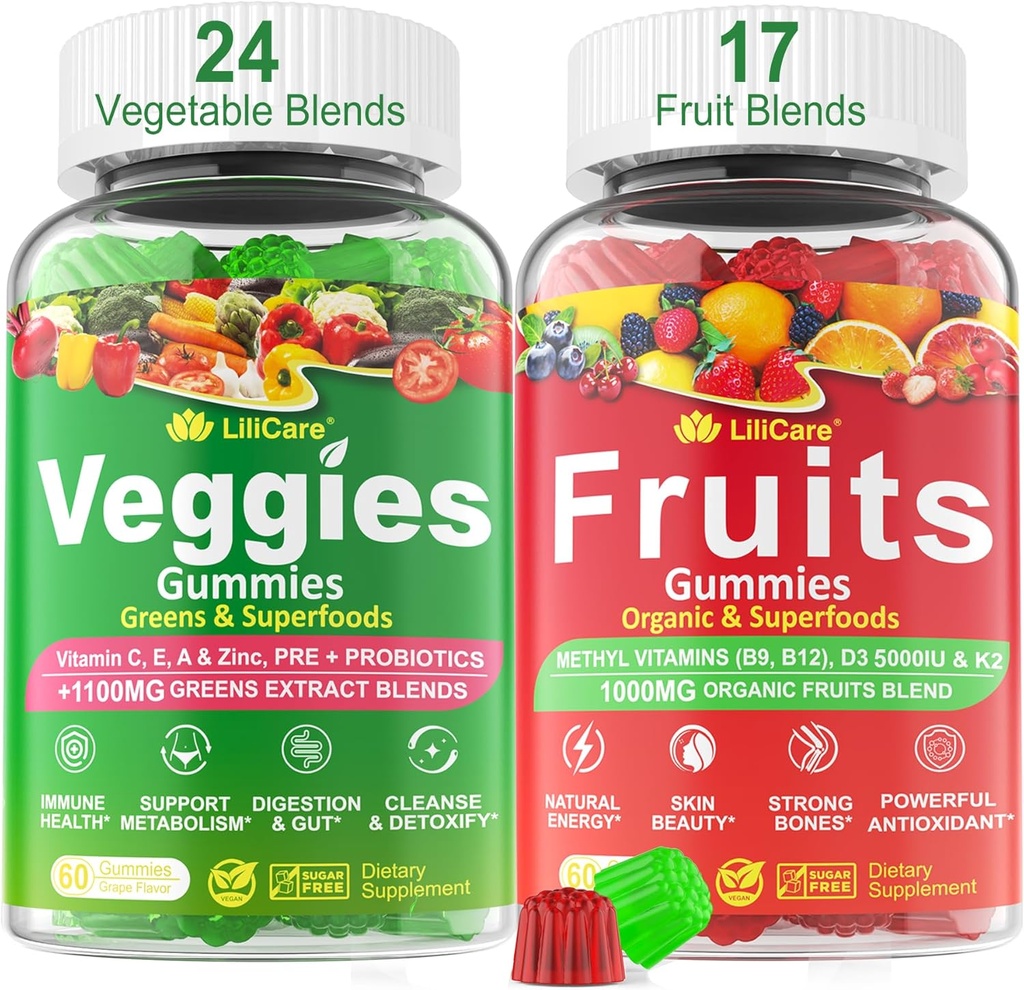 Sugar-Free Fruits and Veggies Gummies w/D3K2, B9, B12, Magnesium, 41+ Natural Superfood Fruits and Vegetables Supplement for Digestive & Gut Support, Energy, Nutrient Balance, Antioxidant Non-GMO 2pack
