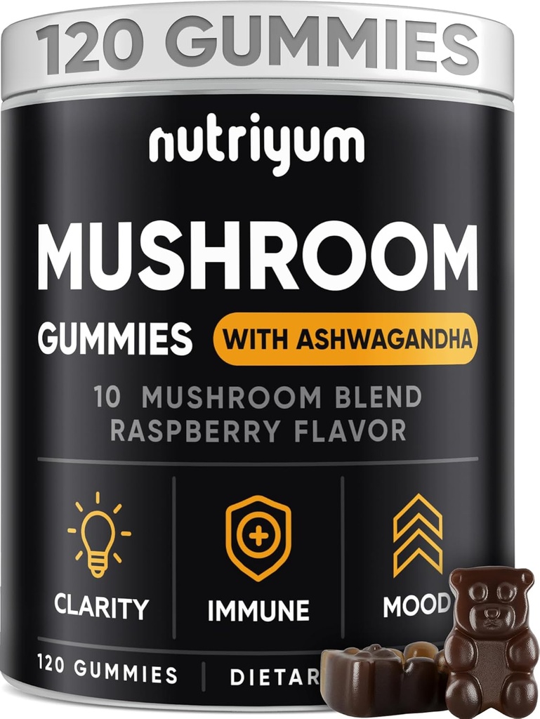 Sieni Gummies 10 Blend 120 kpl - Lions Mane, Ashwagandha, Turkey Tail, Cordyceps, Chaga, Reishi Sieni Complex - Sieni täydentää Immuuni, energia, selkeys & kognitiivinen