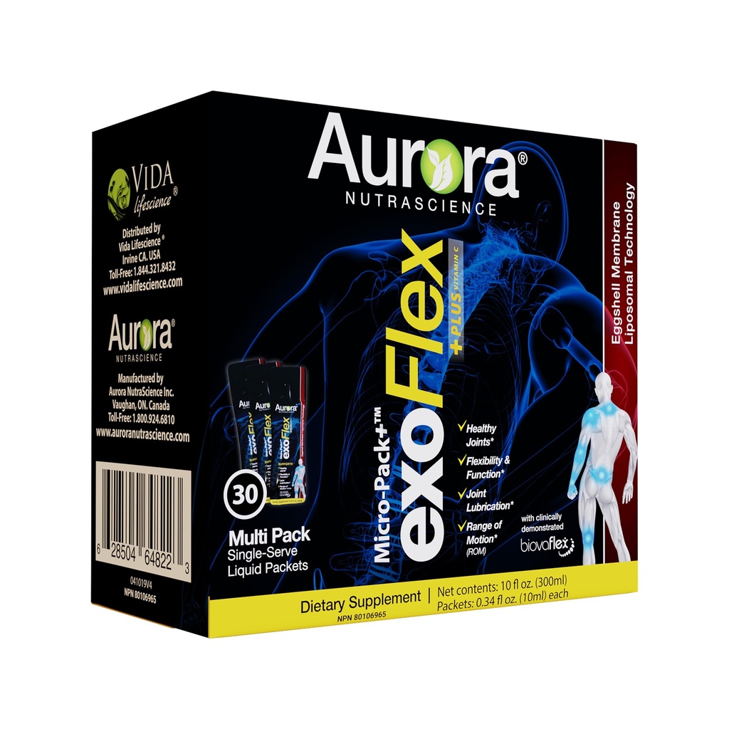 Aurora Nutrascience Micro-Pack Liposomal exoFlex+ C-vitamiinilla, tukee Joint Joustavuus & Function, BiovaFlex Eggshell Membrane, Curcumin & Boswellia, Strwaberry Flavor, 30 Single-Serve Packets
