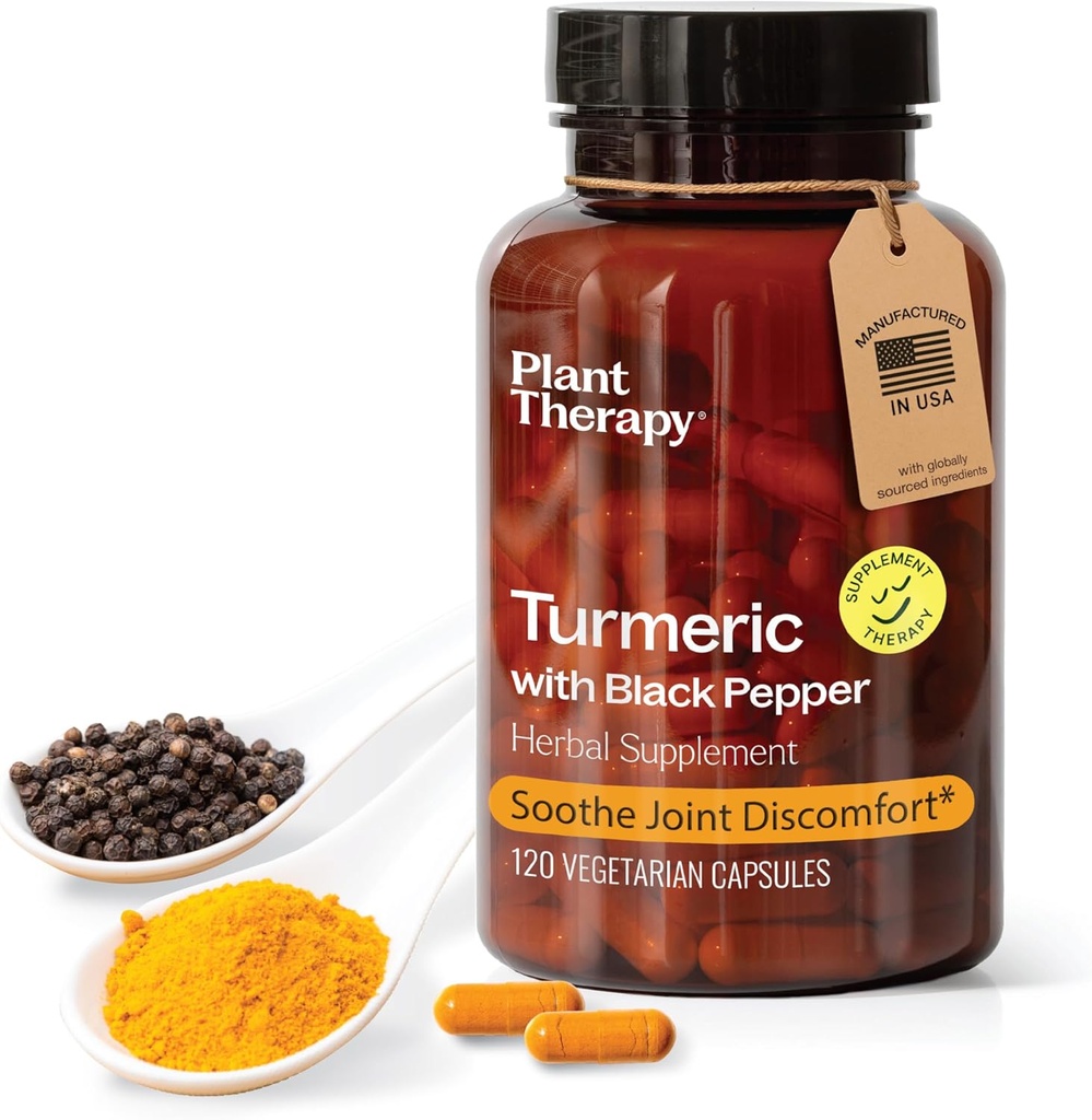 Plant Therapy Turmeric Black Pepper Supplement Kapselit valmistettu Yhdysvalloissa 4 kuukauden tarjonta Tukia Joint ja lihasten terveys täydentää naisten ja miesten 120 kasvissyöjän kapseli