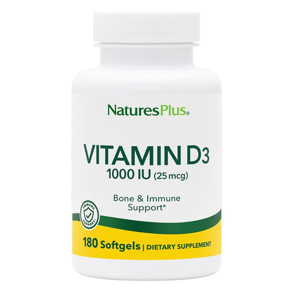 Natures Plus D3-vitamiini (Kolekalsiferoli) - 1000 iu, 180 Softgels - Terveiden luuiden ja immuunijärjestelmän ravitsemustuki - Biosable Active Form - Gluteeniton - 180 Servings