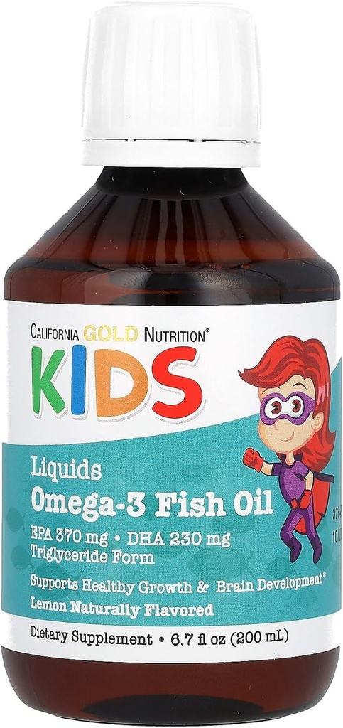 California Gold Nutrition Norwegian Kids Omega-3 Fish Oil, Natural Lemon, 6,7 fl oz.