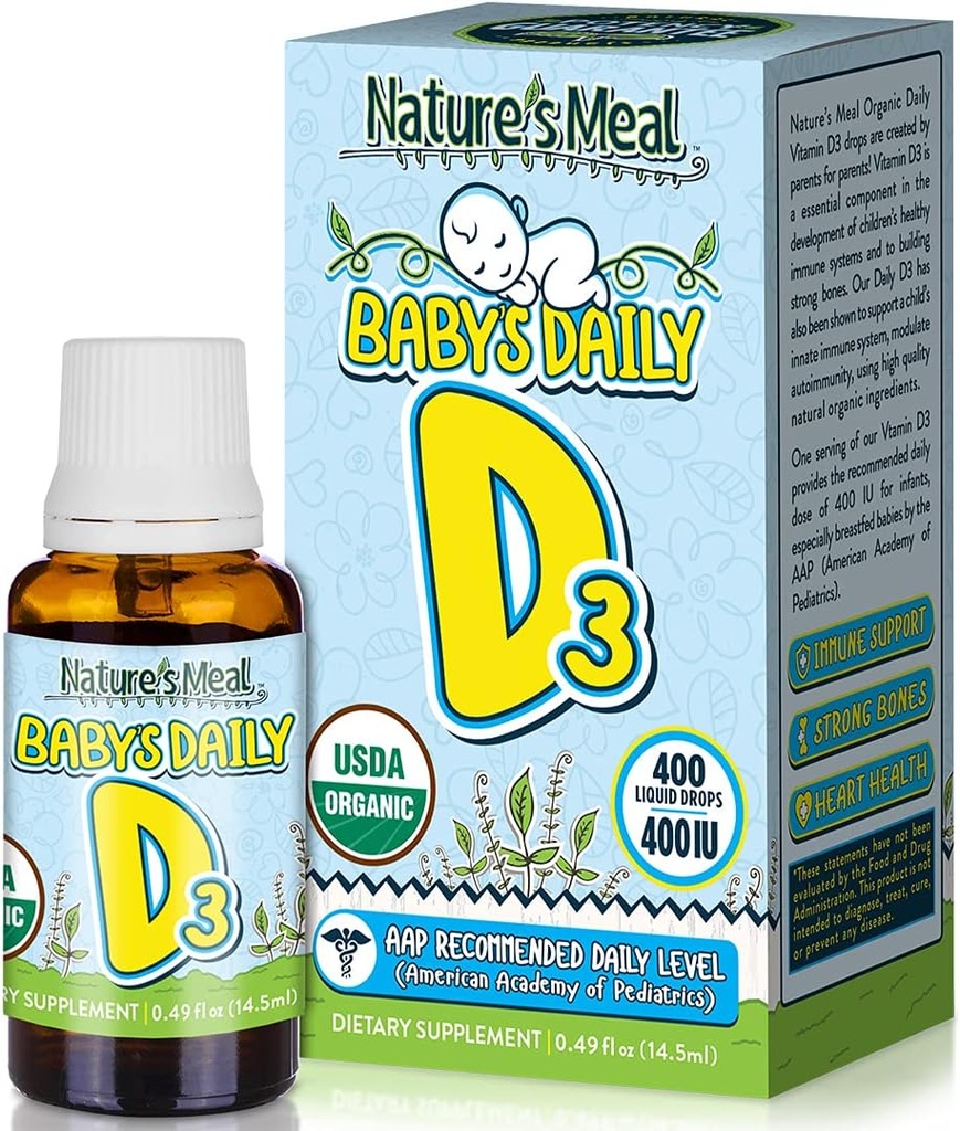 Nature's Meal - D-vitamiini D-vitamiini D-vitamiinin tiput imeväisille, Vauvan D-vitamiinin tiput immuunijärjestelmään, Heart Health ja Bone Health, nestemäinen D-vitamiini D3 400 IU per annos, makuamaton, 14,5 ml