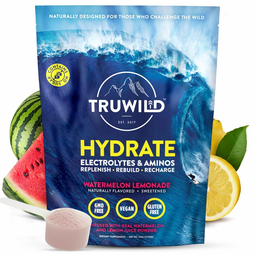 TruWild Natural Hydration Powder med Zero Sugar, Vegan Electrolytes + Aminosyror, Återhämtning Drink för daglig användning, Post Workout Muscle Support Supplement med Magnesium (Watermelon Lemonade)