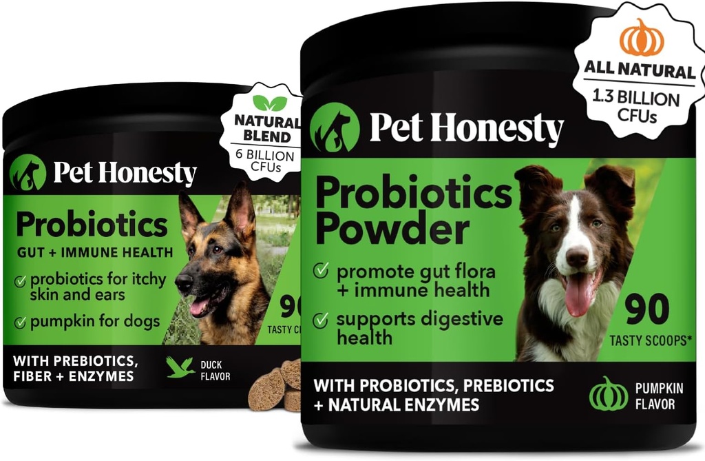 Probiootit Bundle: Dog Probiootit ripuli & Bowel Support Chews & Powder Dgestive Enzymes for Gut Health (ankka 90 ct)