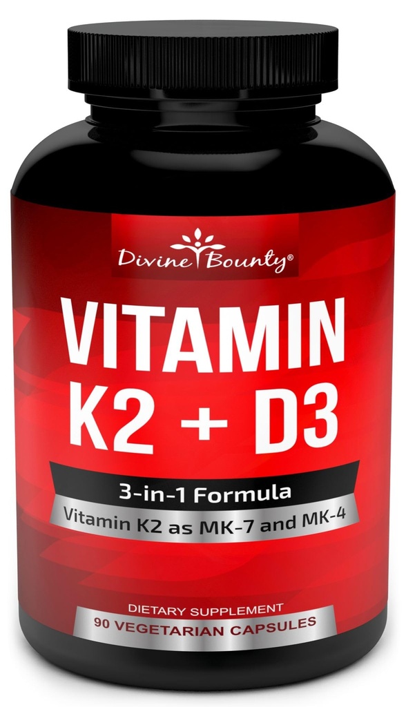 K2-vitamiini (MK7 & MK4) D3-lisä - K- ja D-vitamiini MK-7 100 mikrog, MK-4 500 mikrog ja 5000 IU D3-vitamiini 3-in-1 Formula - Bone and Heart Support - 90 ei-GMO kasvissyöjäkapselit