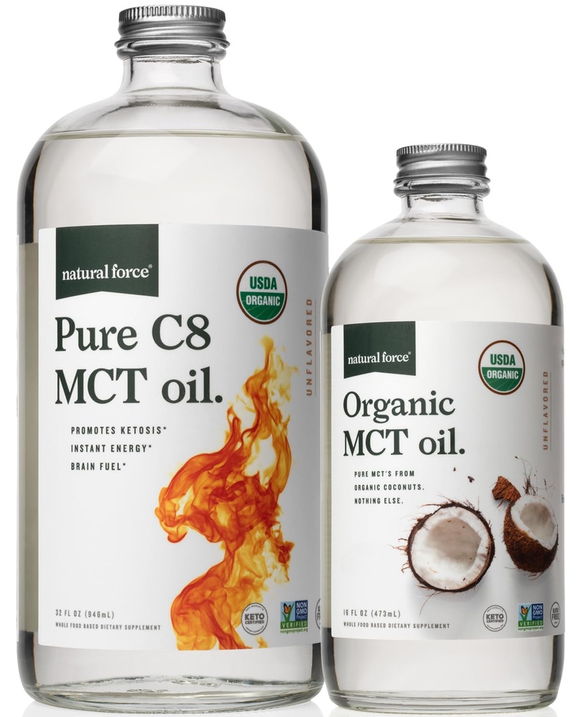 Luonnonvoima Organic Pure C8 + Organic Full Spectrum MCT Öljy UDA Organic, non GMO, 100% puhdasta Coconut MCTs Keto, Paleo, Vegan, ja Kosher 32 Oz & 16 Oz lasipullot