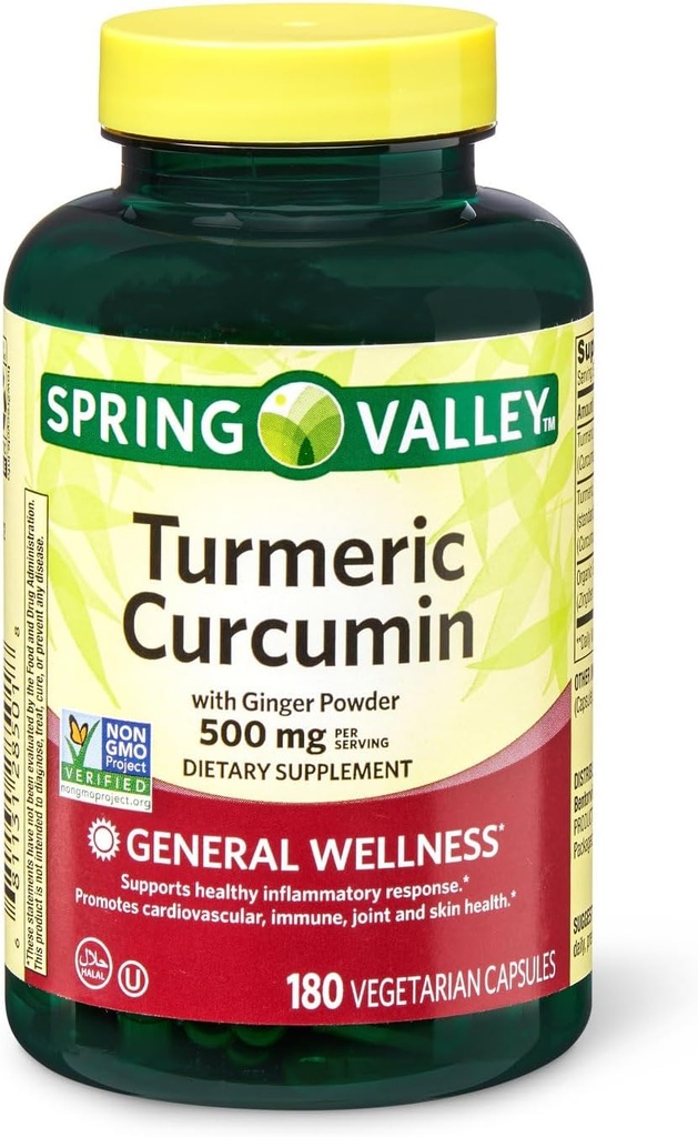 Spring Valley Turmeric Curcumin 500mg 50mg inkiväärijauhe Twin Pack 180 kasvissyöjä kapselit