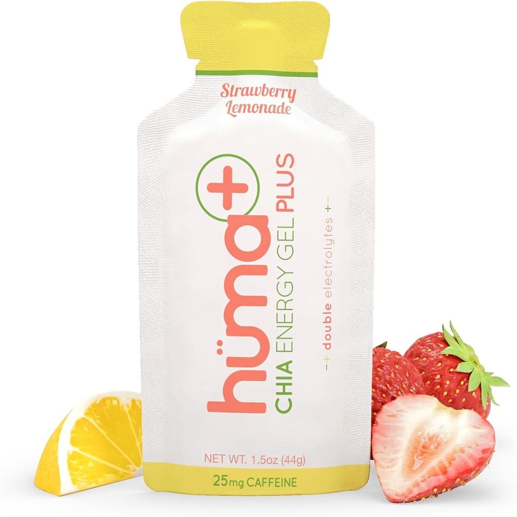 Huma Plus (double Electrolytes) - Chia Energy Gel, mansikka sitruuna, 24 geeliä, 25mg kofeiini - vatsa Friendly, Real Food Energy Gels