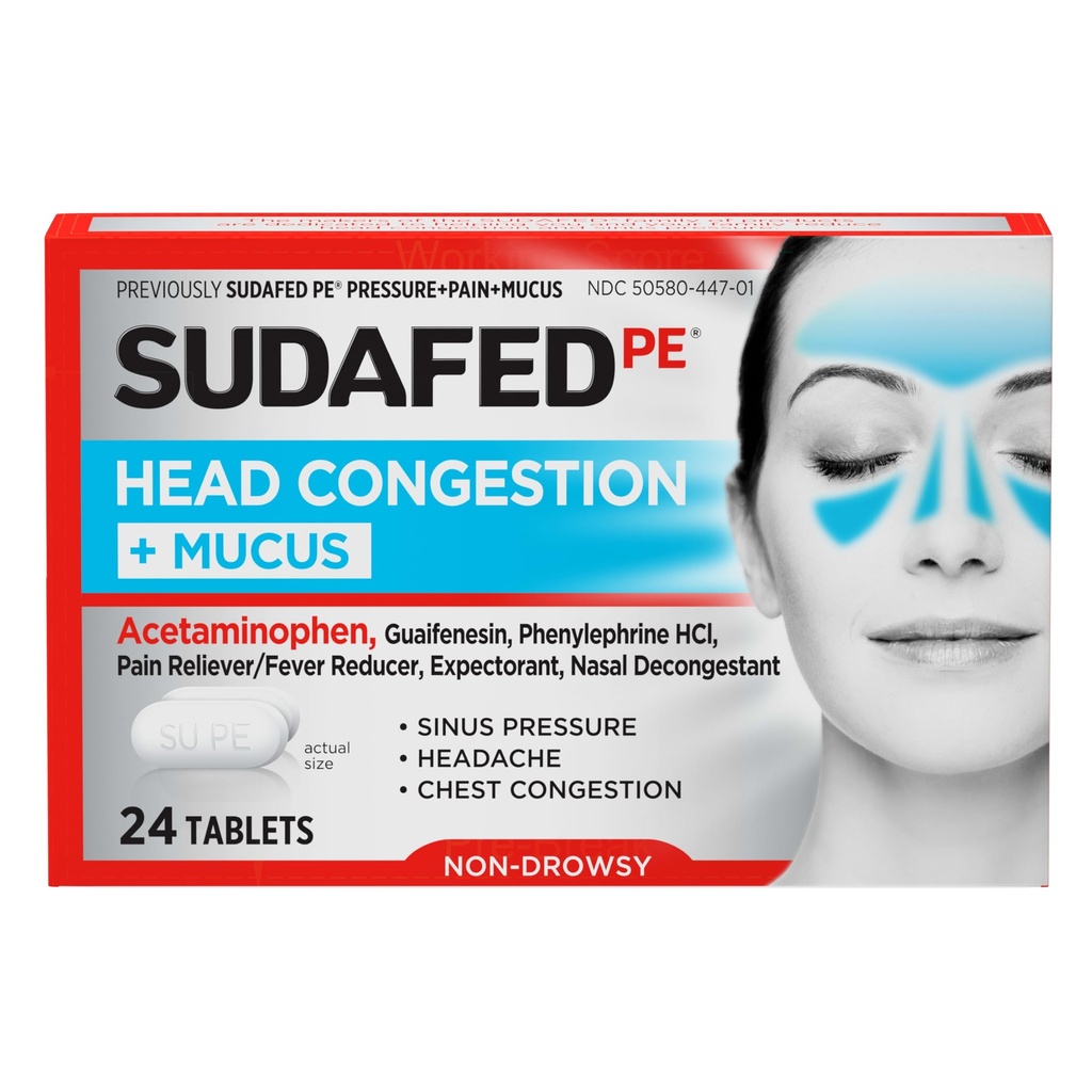Sudafed PE Head Congestion + Mucus Relief Tablets for Sinus Pressure, Congestion, & Päänsärky, Non-Drowsy Decongesstant with acetaminophen, Guaifenesin & Fenylephriini HCI, 24 t