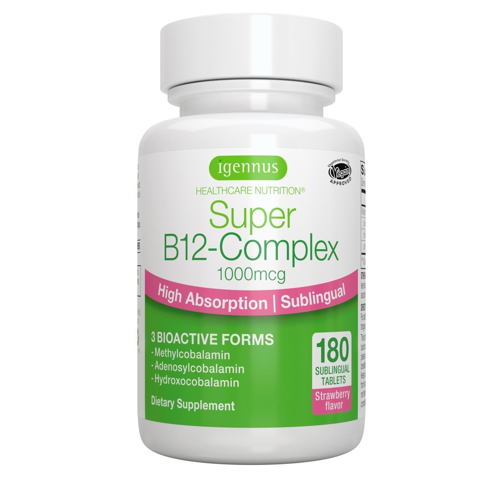 Igennus Sublingual B12 Complex 1000mcg, Methylated Methylcobalamin, Adenosylcobalamin & Hydraxocobalamiini, korkea absorptio & puhdas, 180 tarjoilua, sokeriton & Vegan